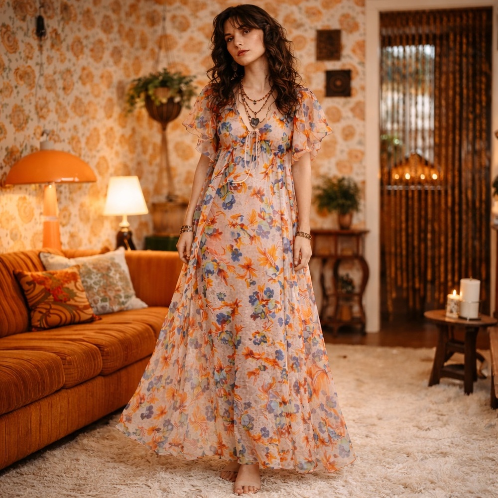 Vintage 70s Sheer Maxi Dress&Robe Set Mod Negligee 2 Piece Made in Canada S